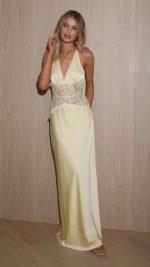 Yellow Lace-Panel V-Neck Halter Maxi Dress