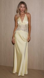 Yellow Lace-Panel V-Neck Halter Maxi Dress