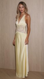 Yellow Lace-Panel V-Neck Halter Maxi Dress