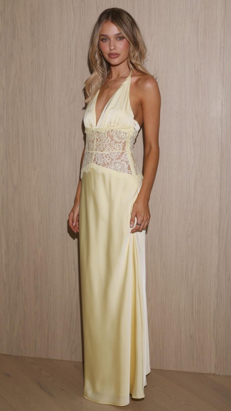 Yellow Lace-Panel V-Neck Halter Maxi Dress