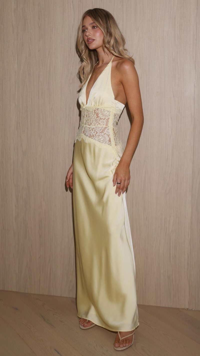 Yellow Lace-Panel V-Neck Halter Maxi Dress