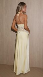 Yellow Lace-Panel V-Neck Halter Maxi Dress