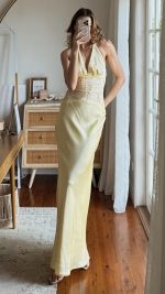 Yellow Lace-Panel V-Neck Halter Maxi Dress