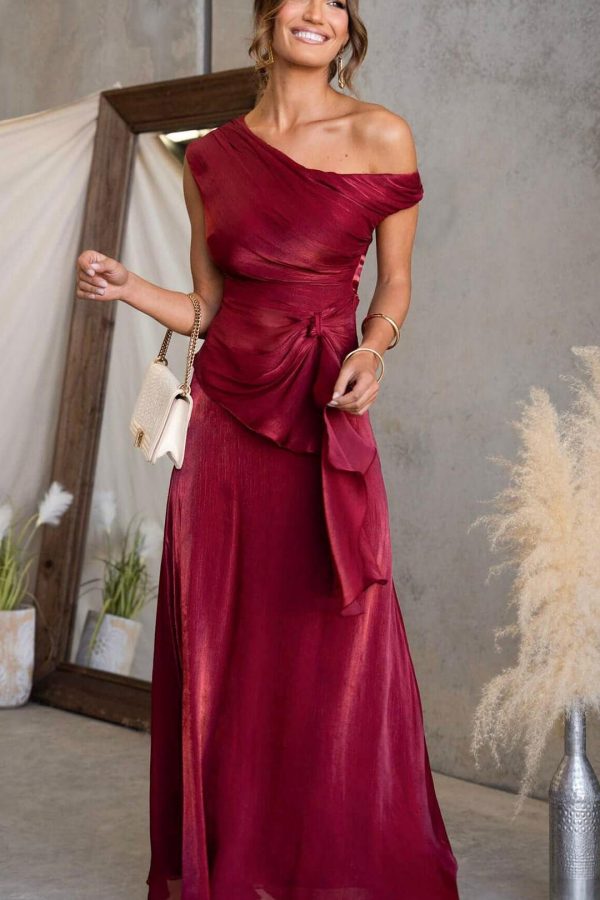 Red Draped Off-Shoulder Maxi Set