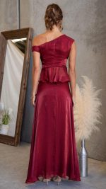 Red Draped Off-Shoulder Maxi Set