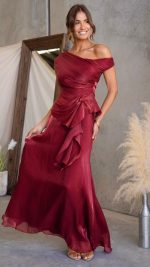 Red Draped Off-Shoulder Maxi Set