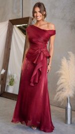 Red Draped Off-Shoulder Maxi Set