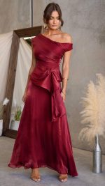 Red Draped Off-Shoulder Maxi Set