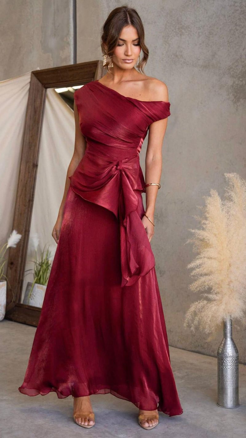 Red Draped Off-Shoulder Maxi Set