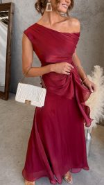 Red Draped Off-Shoulder Maxi Set