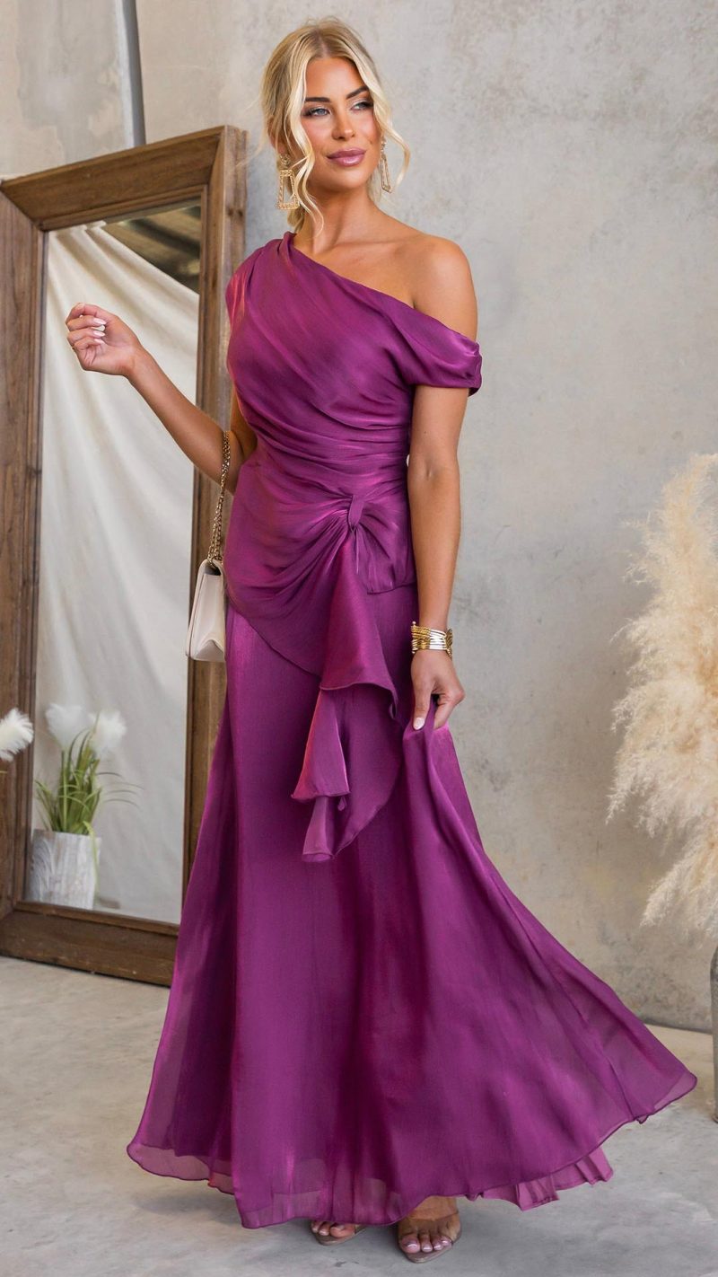 Plum Draped Off-Shoulder Maxi Set