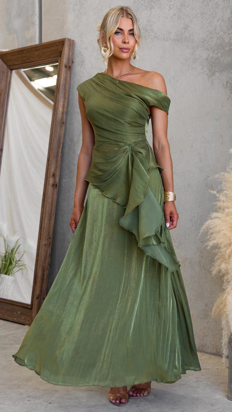 Olive Draped Off-Shoulder Maxi Set