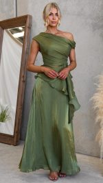 Olive Draped Off-Shoulder Maxi Set