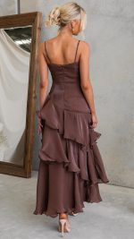 Chocolate Cascading Ruffle Ruched Maxi Dress