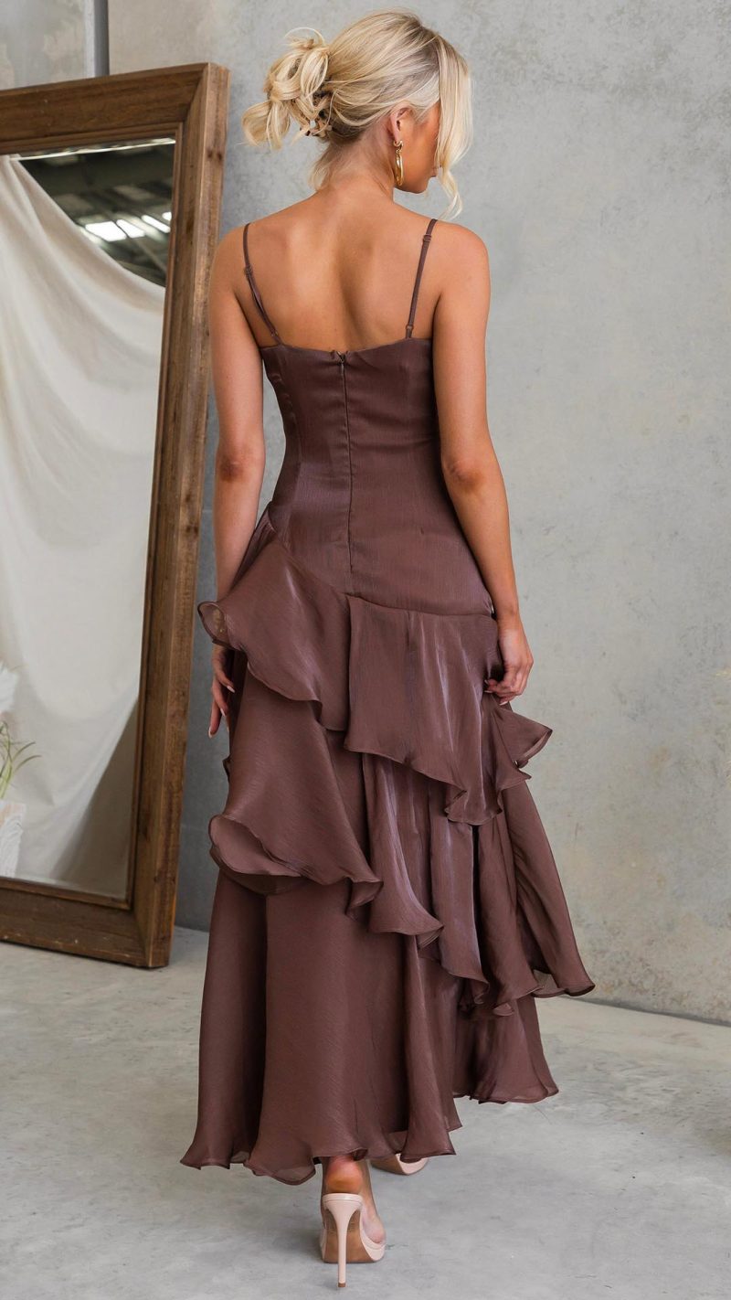 Chocolate Cascading Ruffle Ruched Maxi Dress
