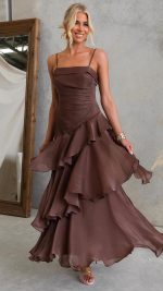 Chocolate Cascading Ruffle Ruched Maxi Dress