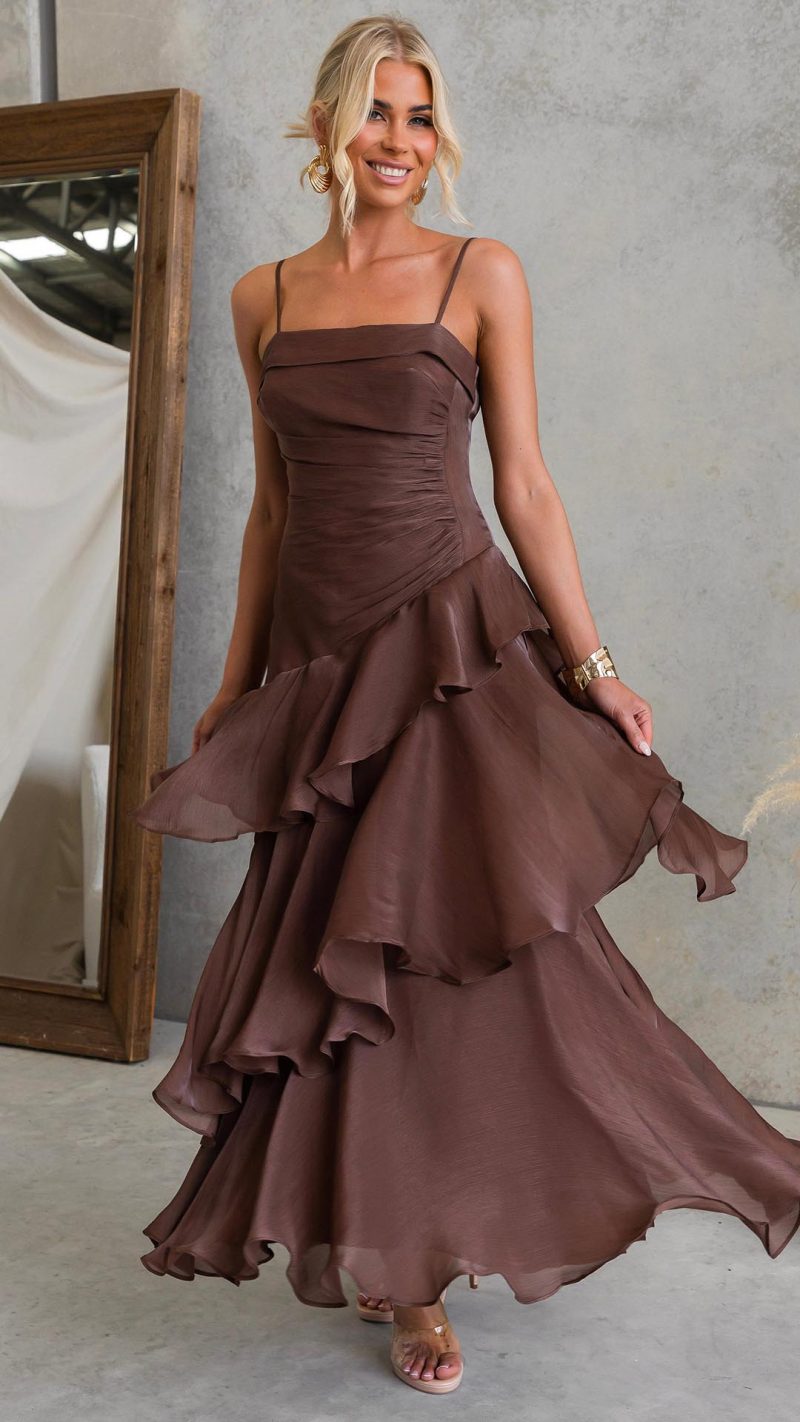 Chocolate Cascading Ruffle Ruched Maxi Dress