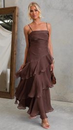 Chocolate Cascading Ruffle Ruched Maxi Dress