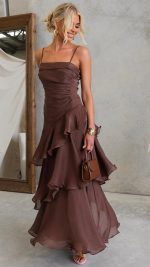 Chocolate Cascading Ruffle Ruched Maxi Dress