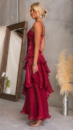 Wine Cascading Ruffle Ruched Maxi Dress