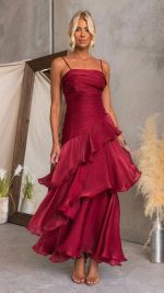 Wine Cascading Ruffle Ruched Maxi Dress