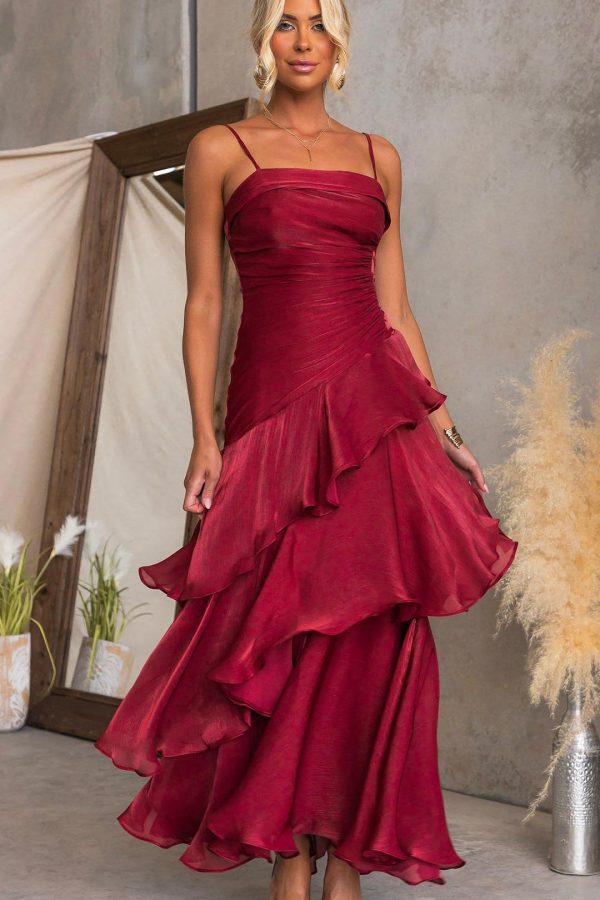 Wine Cascading Ruffle Ruched Maxi Dress