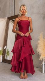 Wine Cascading Ruffle Ruched Maxi Dress