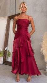 Wine Cascading Ruffle Ruched Maxi Dress