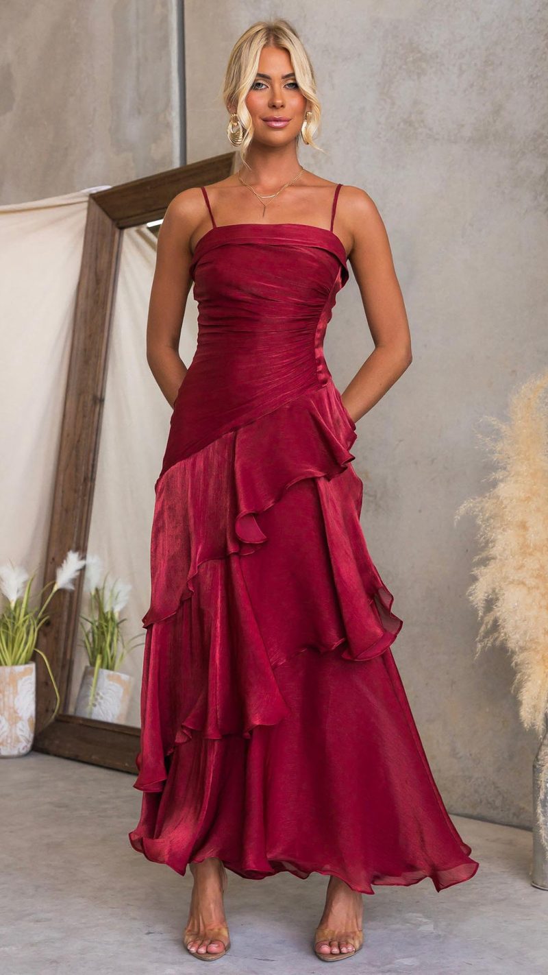 Wine Cascading Ruffle Ruched Maxi Dress