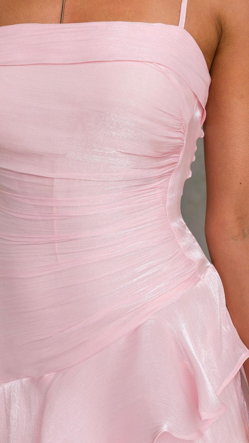 Pink Cascading Ruffle Ruched Maxi Dress