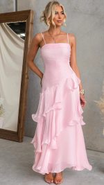 Pink Cascading Ruffle Ruched Maxi Dress