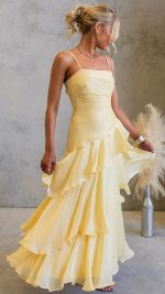 Yellow Cascading Ruffle Ruched Maxi Dress