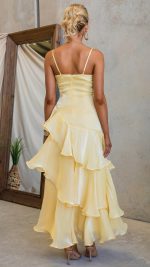 Yellow Cascading Ruffle Ruched Maxi Dress