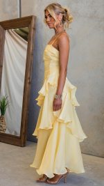 Yellow Cascading Ruffle Ruched Maxi Dress