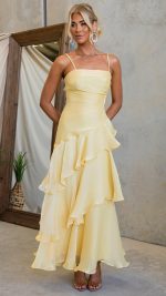 Yellow Cascading Ruffle Ruched Maxi Dress