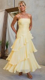 Yellow Cascading Ruffle Ruched Maxi Dress