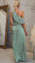 Sage Draped Overlay Slit One-Shoulder Maxi Dress