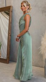 Sage Draped Overlay Slit One-Shoulder Maxi Dress