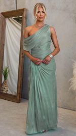 Sage Draped Overlay Slit One-Shoulder Maxi Dress